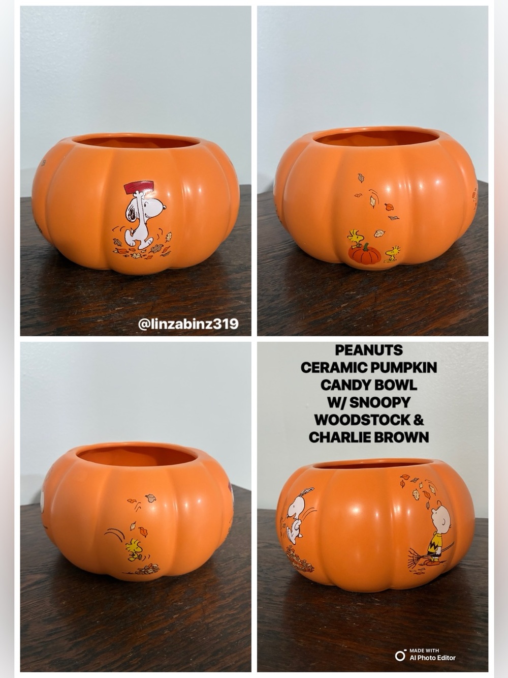 NWT- Peanuts- Ceramic Pumpkin Candy Bowl with Snoopy, Woodstock & Charlie Brown